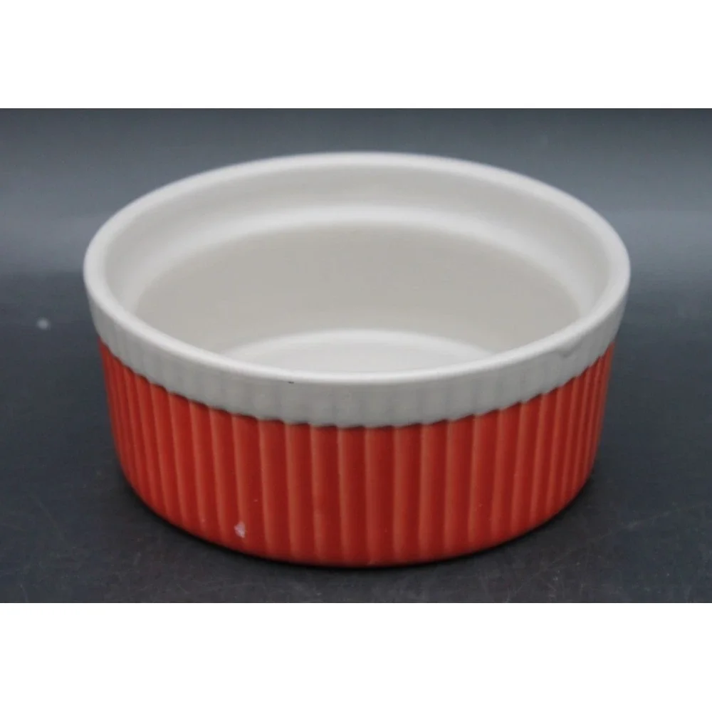 World Market Red White Ribbed Ceramic Ramekin Baking Dish 4.5 inch Round